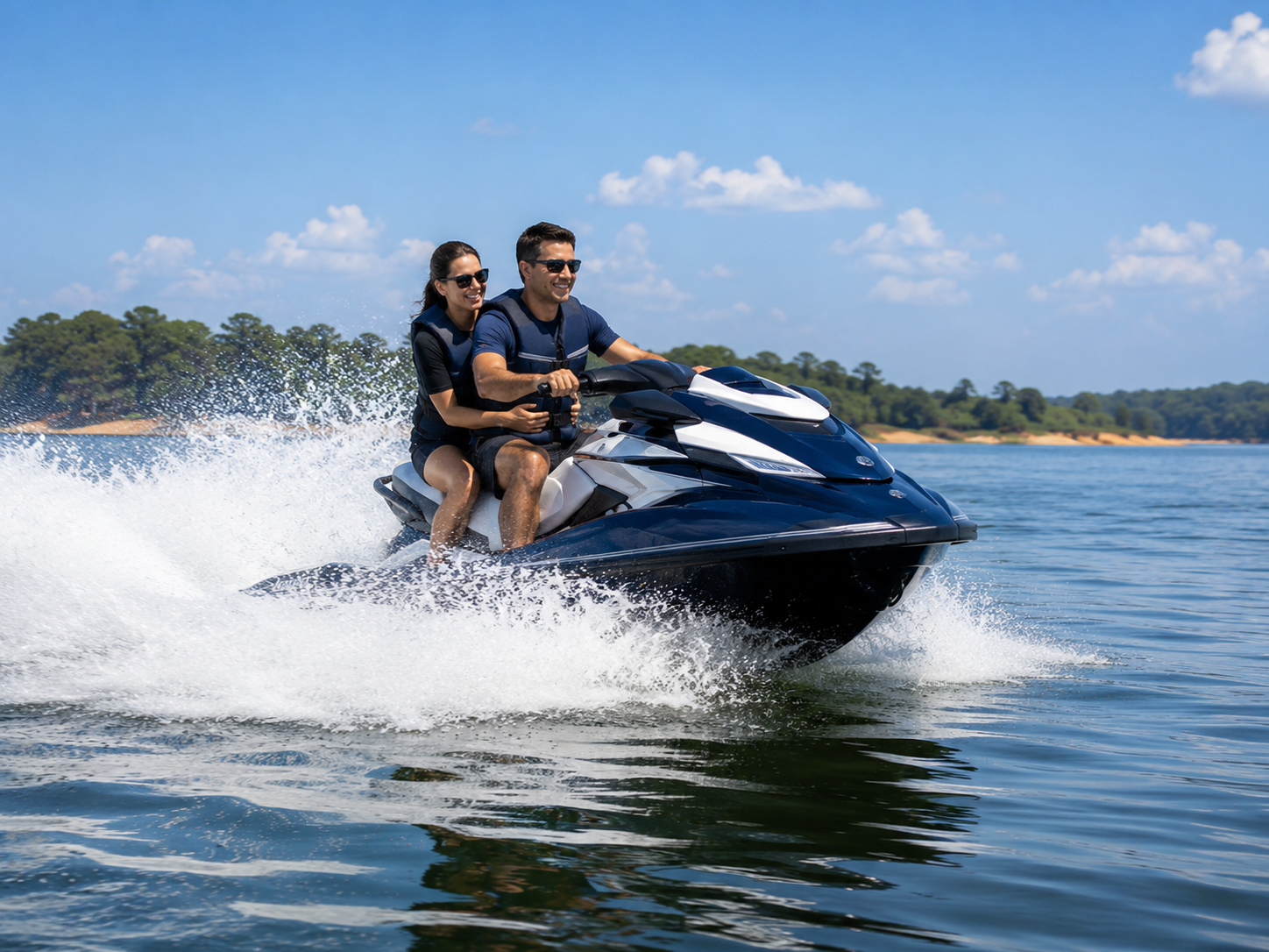 Casal pilotando jet ski com segurança
